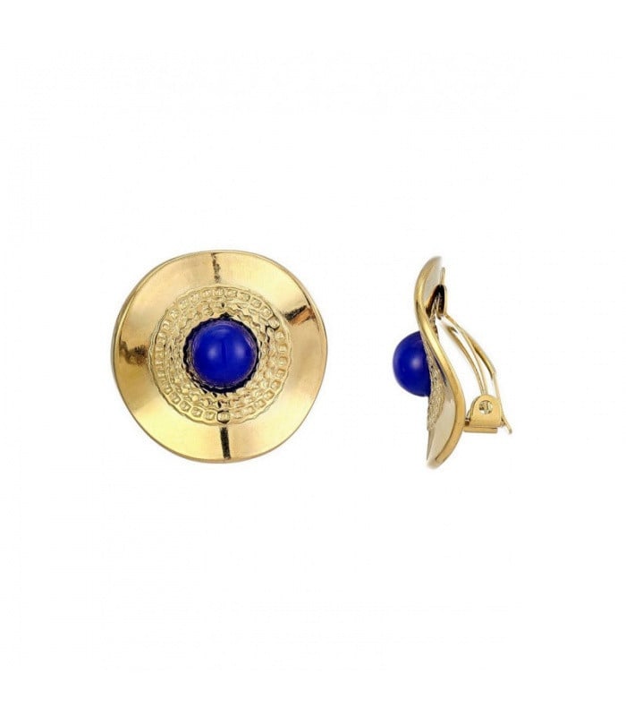 Goudkleurige oorclips met een blauw steentje