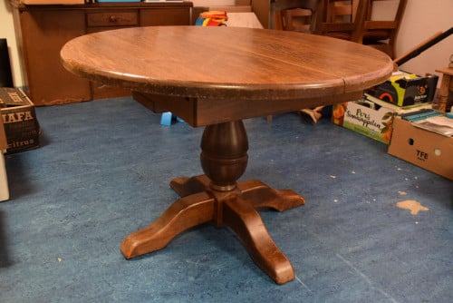 Massief eiken eettafel, rond, 116 cm doorsnee, met tussenblad 50 cm