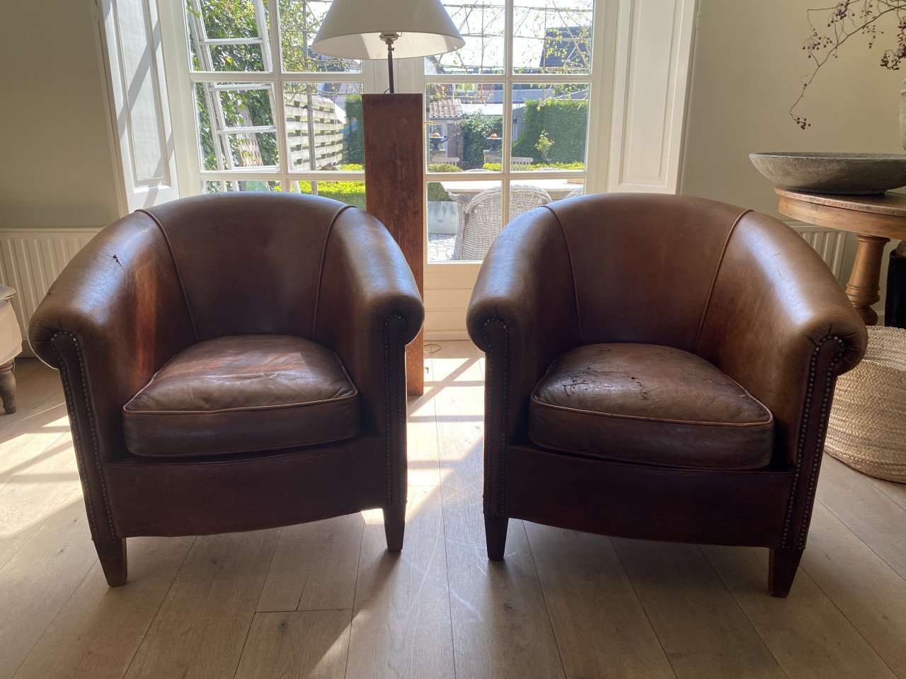 Set vintage schapenleren club fauteuils