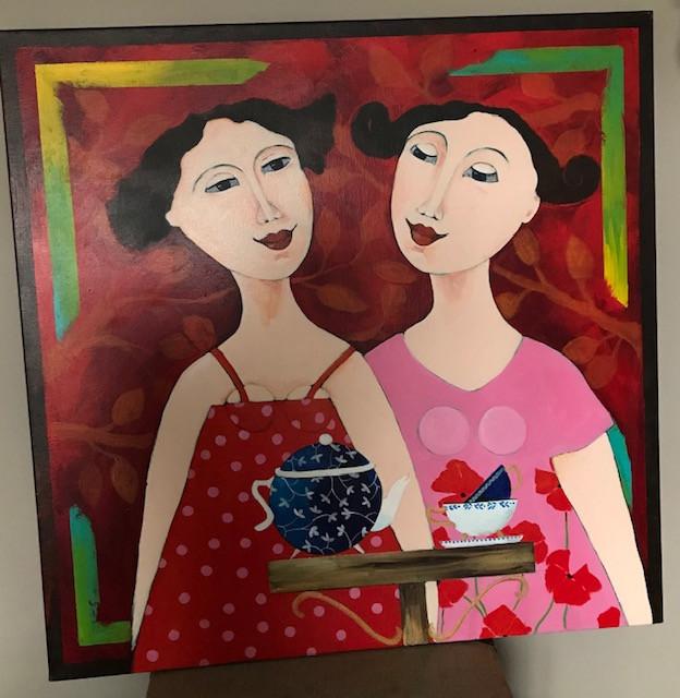 Schilderij "Theetje" 80 x 80 cm Acryl op linnen