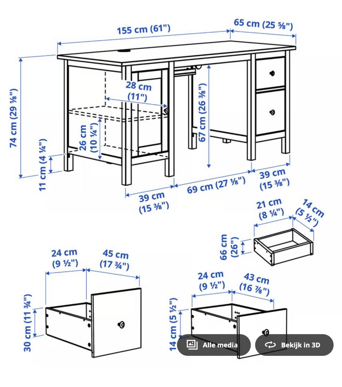 Bureau uit de Ikea serie Hemnes, wit gebeitst 155x65 cm
