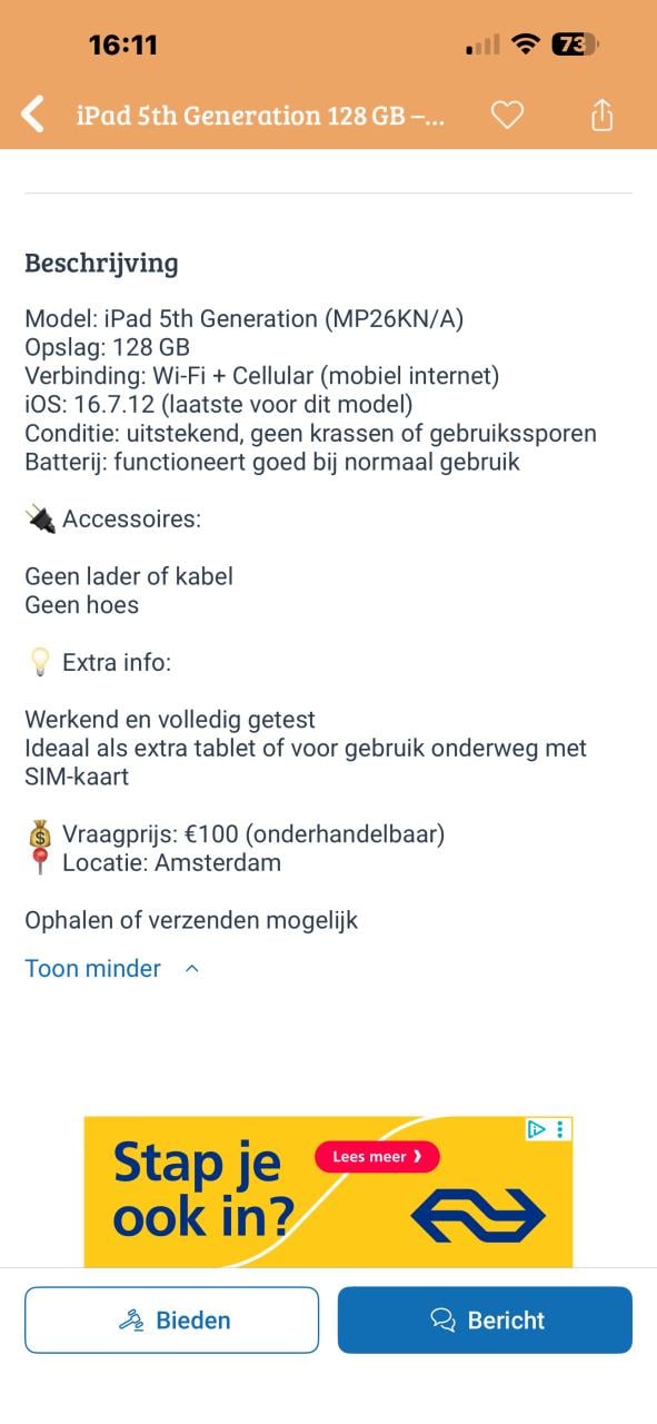 Te koop; I-pad5 goed werkend onbeschadigd APPLEwifi cellular