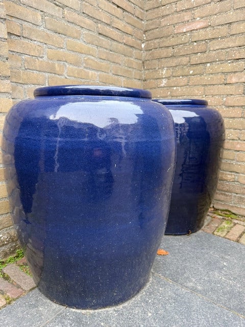 Twee grote blauwe bloempotten