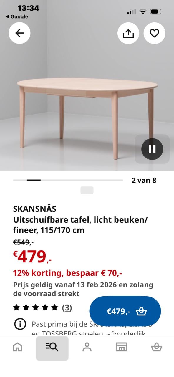 Ikea Uitschuifbare tafel Licht beuken /fineer