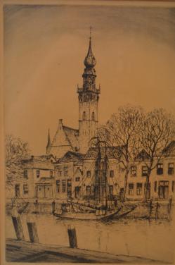 Ets Haven en stadhuis Veere gesigneerd.