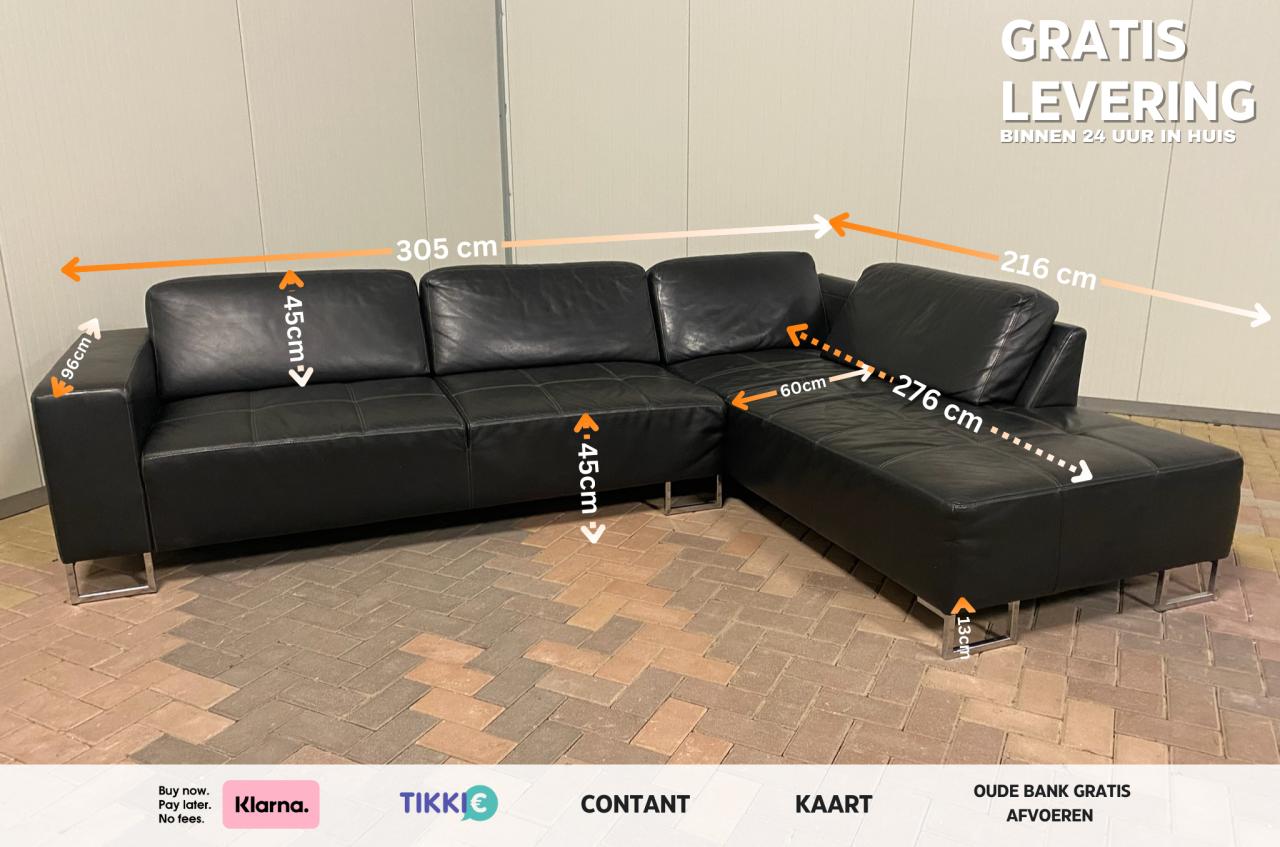 Piet Klerkx Zwarte Echt Leren Hoekbank – Comfortabele Zit – Ruime Hoek – Gr
