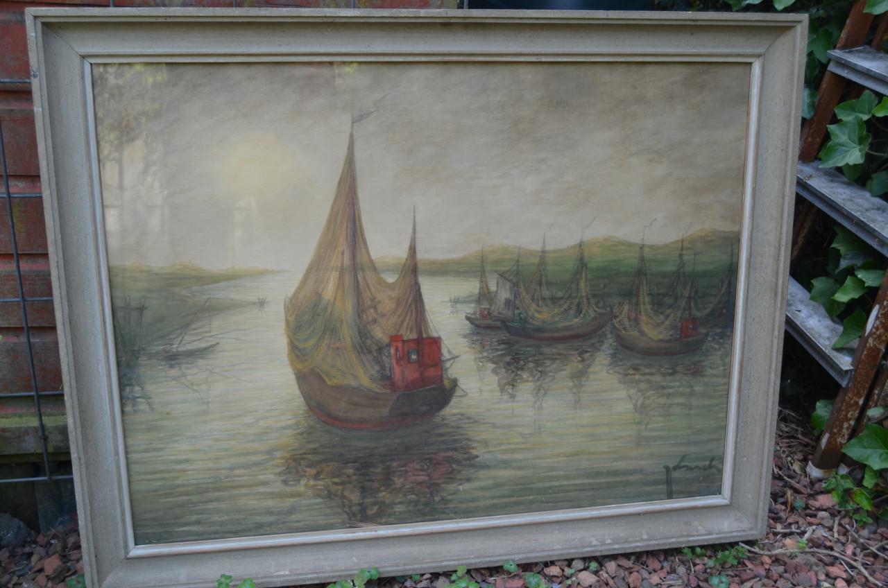 Groot schilderij Vissersscheepjes in goede staat Theo Idserda