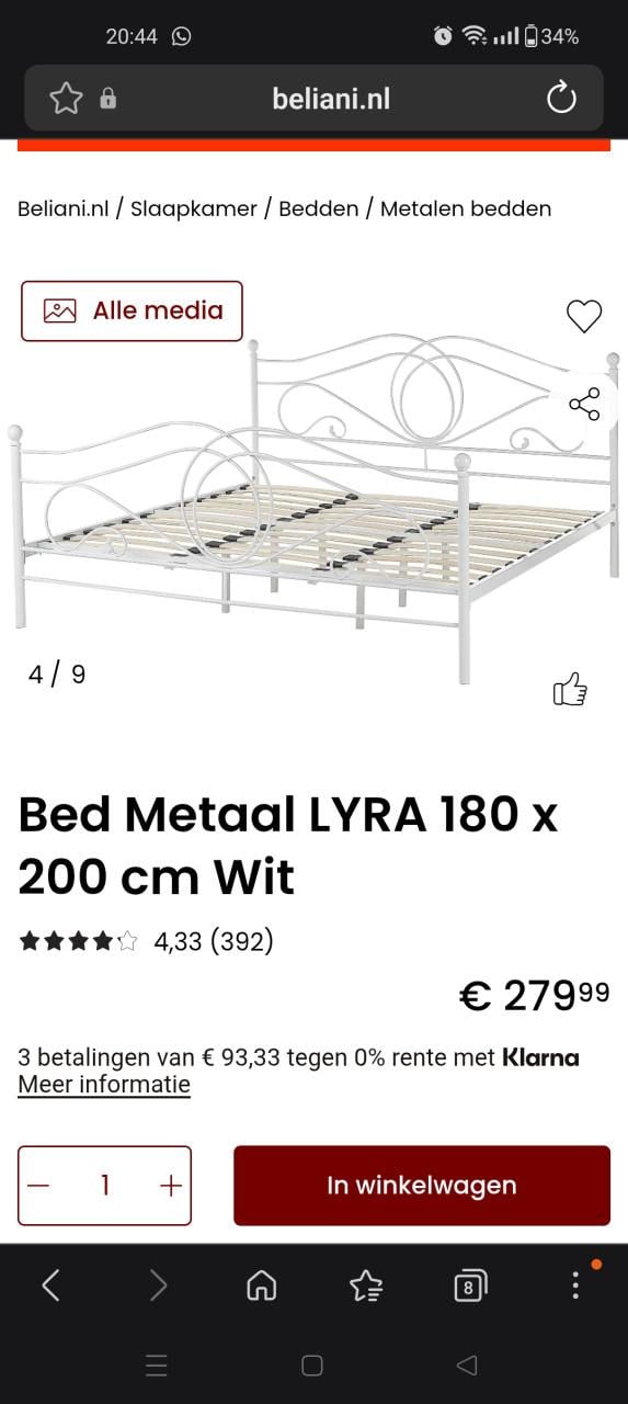 Wit metalen bed 1.80x2.00
