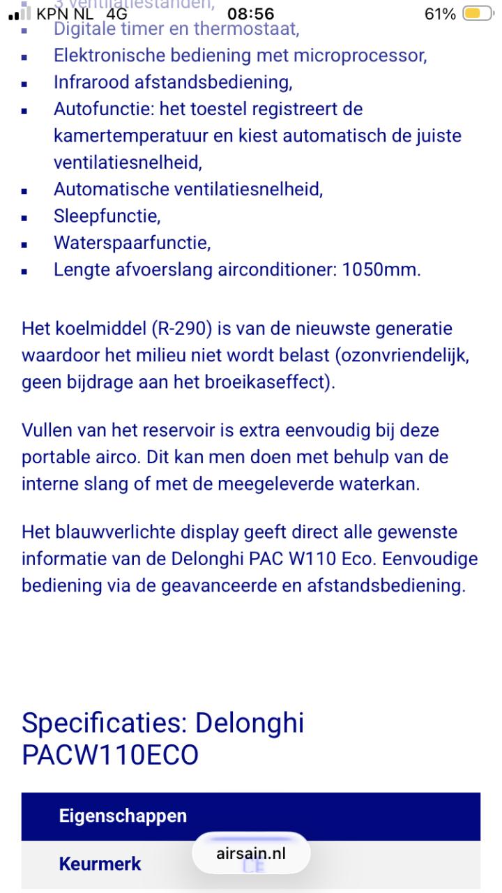 Delonghi PAC W110 3.2KW mobiele airco met afstandsbediening en afvoerslang