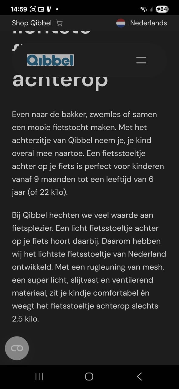 Qibbel air grijs fietsstoeltje achter