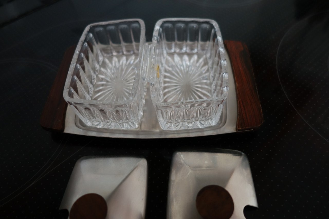 Vintage rvs/bleikristal jam garnituur set