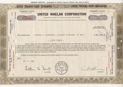 Oud Aandeel United Whelan Corporation 1966