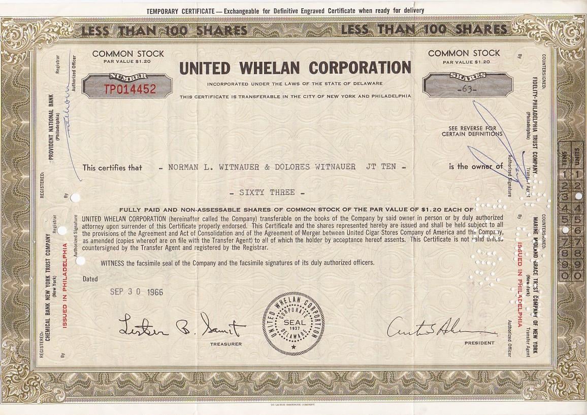 Oud Aandeel United Whelan Corporation 1966