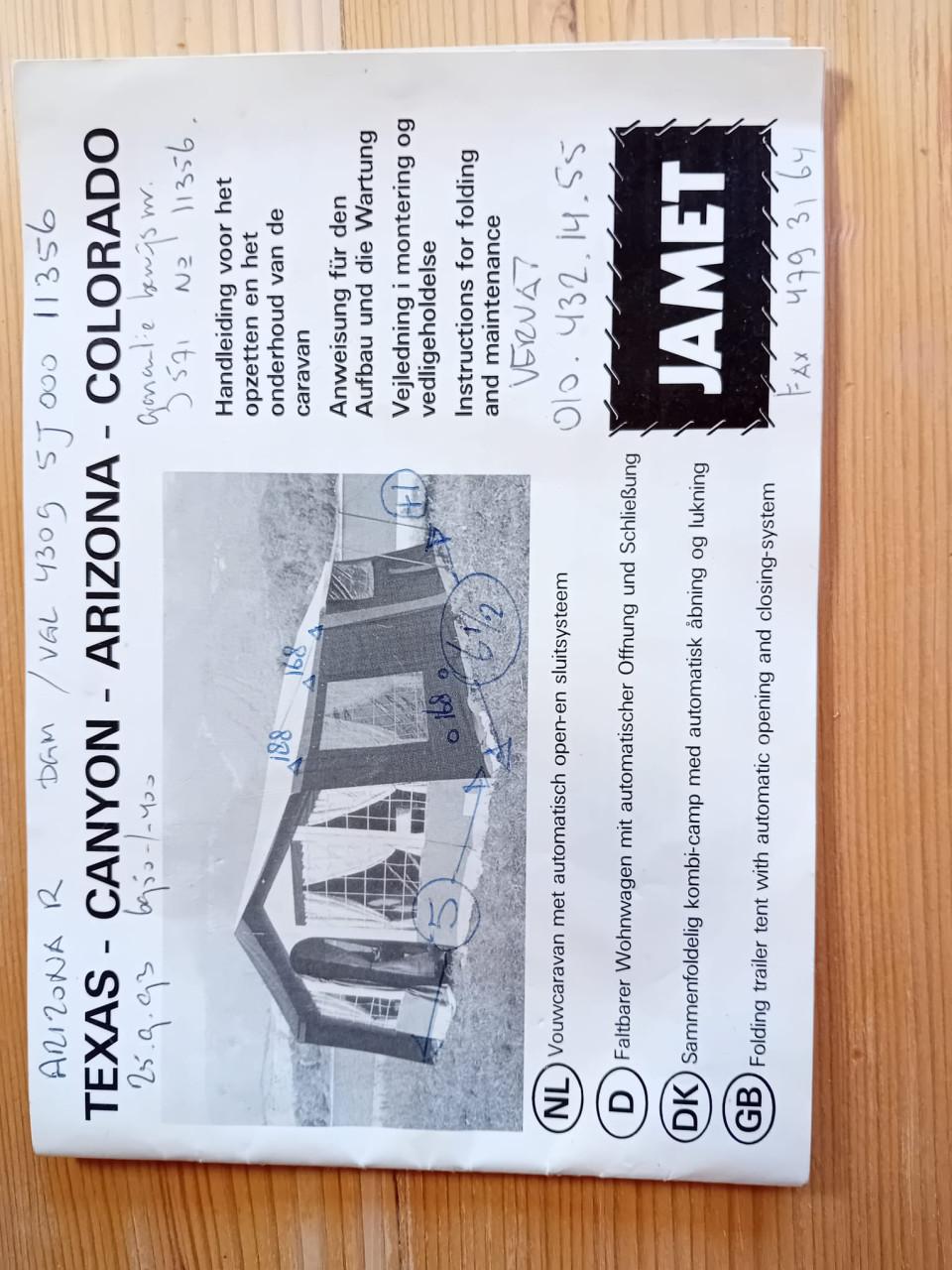 Vouwwagen Jamet Arizona 1993/grote voortent/nieuwe luifel/fietsendrager