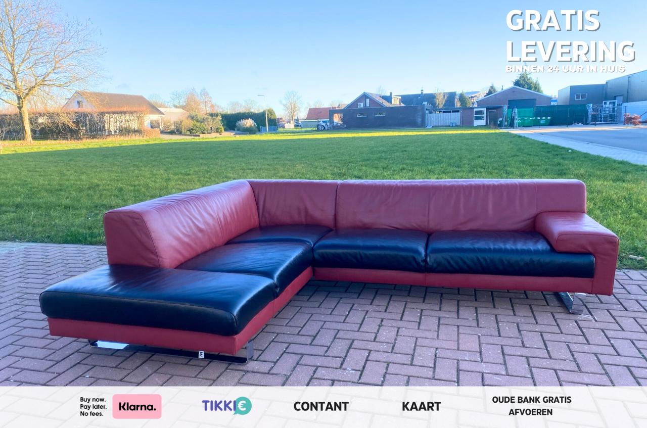 GRATIS LEVERING HEEL NL Montel Hoekbank Van Echt Leer in Rood en Zwart