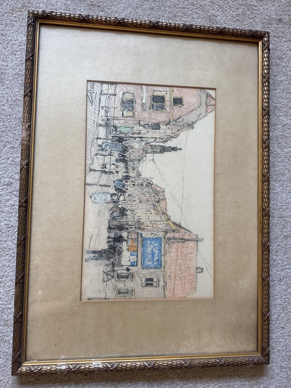 Gekleurde krijttekening van de Langeviele te Middelburg