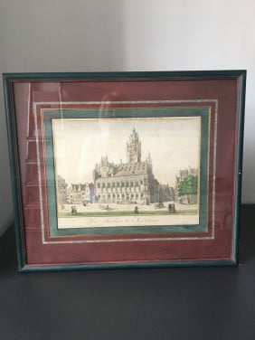 Hand ingekleurde antieke prent Stadhuis Middelburg