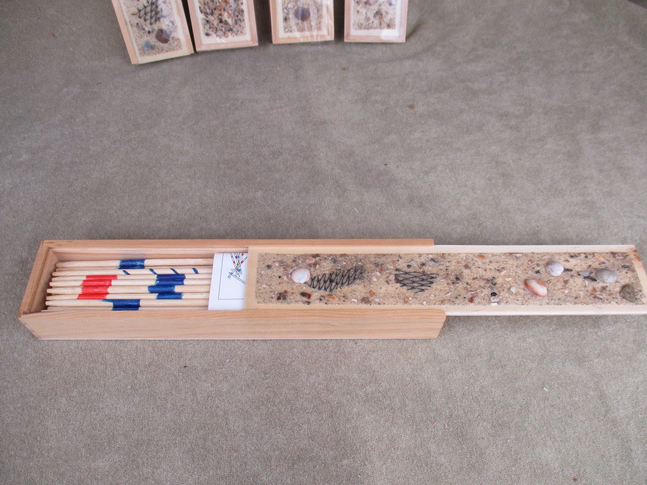 Mikado spel in houten schuifdoosjes met stranddecoratie, 4 stuks