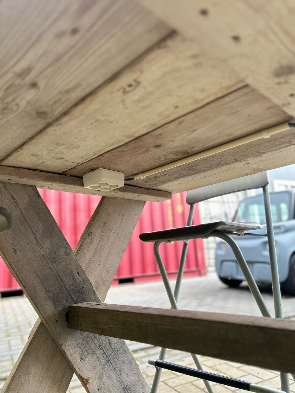 Te koop: 2 identieke industriële mancave tafels / bartafels.