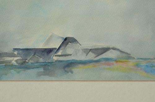 Fraaie aquarel gestileerd landschap/boerderij ipst.