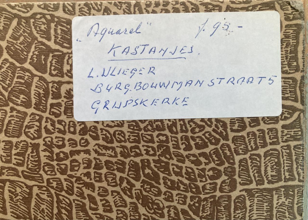 Aquarel met kastanjes en bolster van L. Vlieger