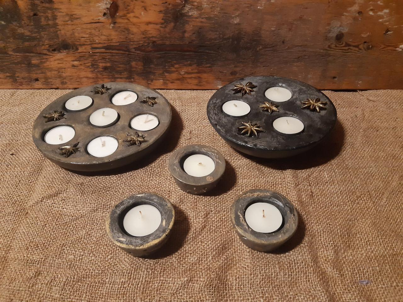 Betonnen schaal met lichtjes en diverse waxine schalen en bakjes (set 5)