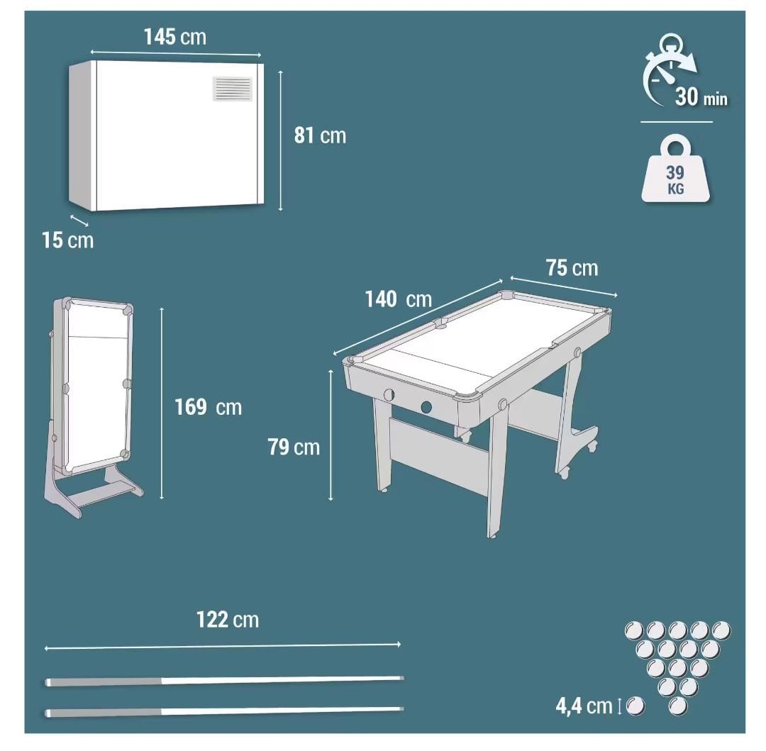 Opklapbare pooltafel BT 500 grijs laken Pongori (Decathlon)