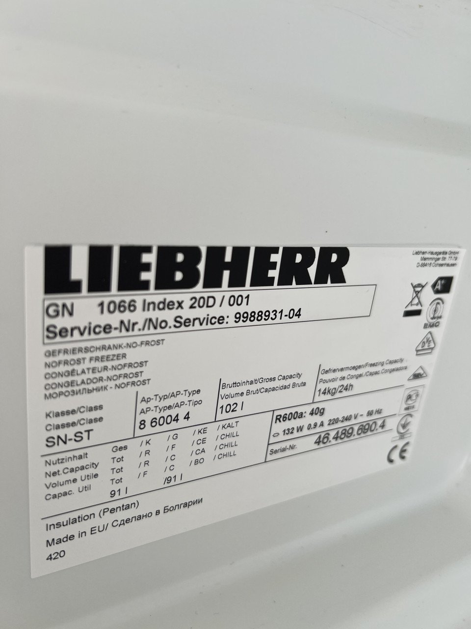 Kort gebruikte Liebherr GN1066 NoFrost vriezer winkelprijs €699,-