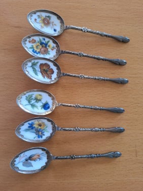 6 Royal Albert lepeltjes met emaille bloem