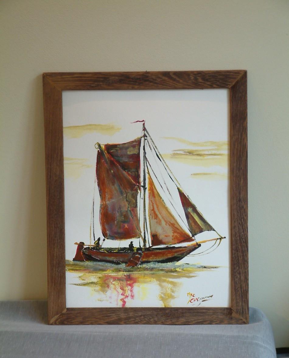 Oude visserij op de zeil  30 x 40 cm met lijst er om 45 euro