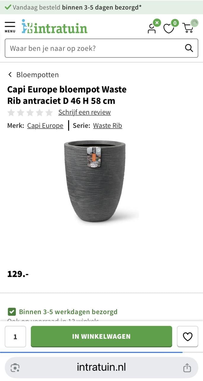 Capi Europe bloempot Waste Rib antraciet D 46 H 60 cm