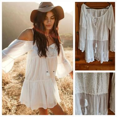 Nieuwe witte blouse / tuniek broderie met mesh stof Mt L