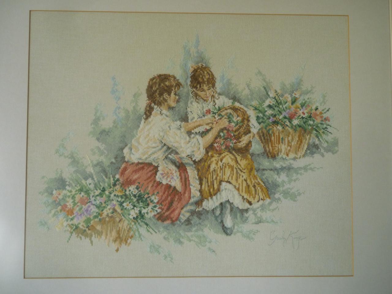 Voltooide kruissteek in lijst – Lanarte Meisjes met Bloemenmanden