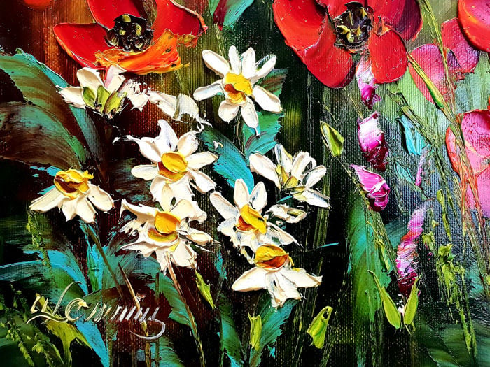 " Flowers in the Meadow " schilderij van Urszula Lemańska, 30 % Korting!