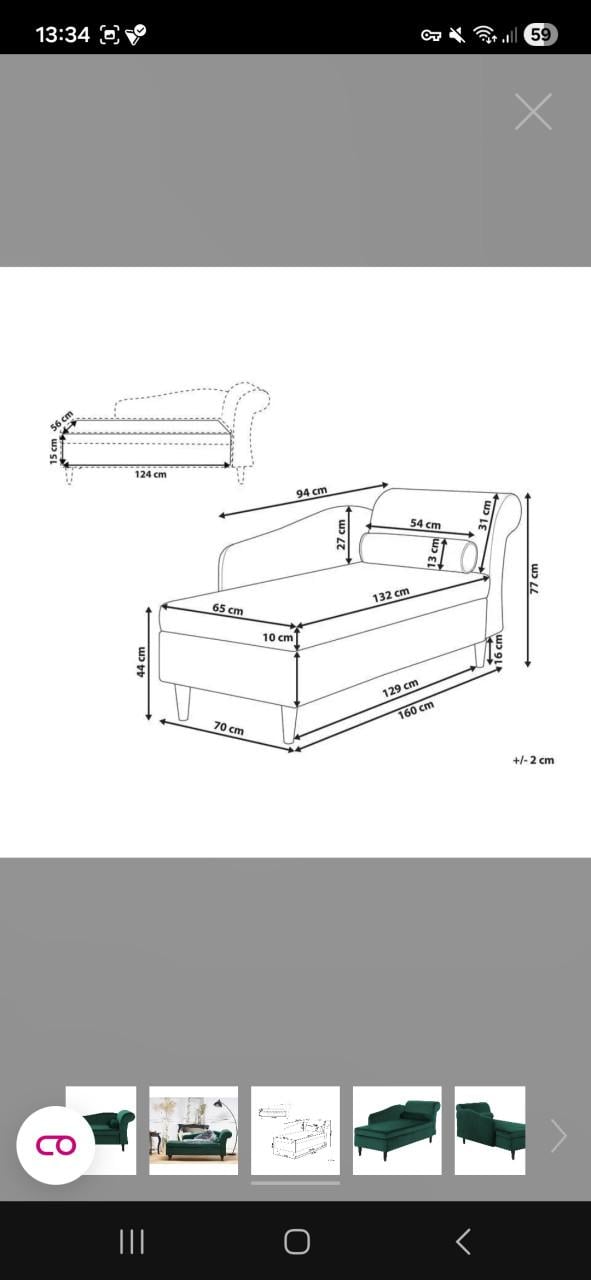 LUIRO - Chaise longue - Groen - Rechterzijde - Fluweel