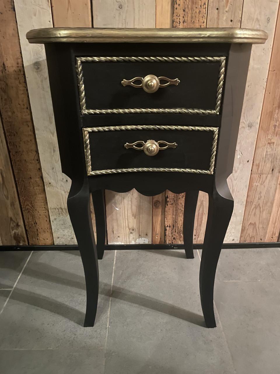 : Brocante Nachtkastje / Bijzettafeltje - Matzwart met Goud - 2 Lades