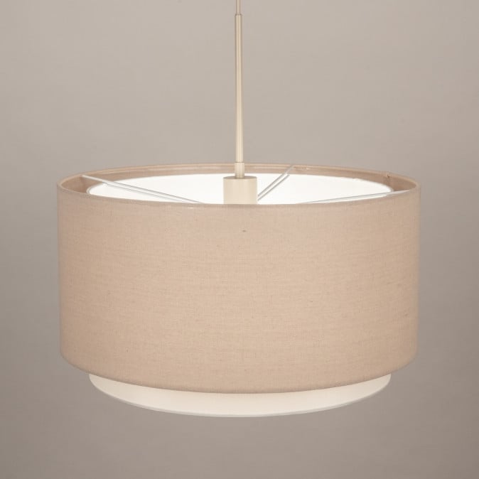 Beige hanglamp met ronde kap en beige stof
