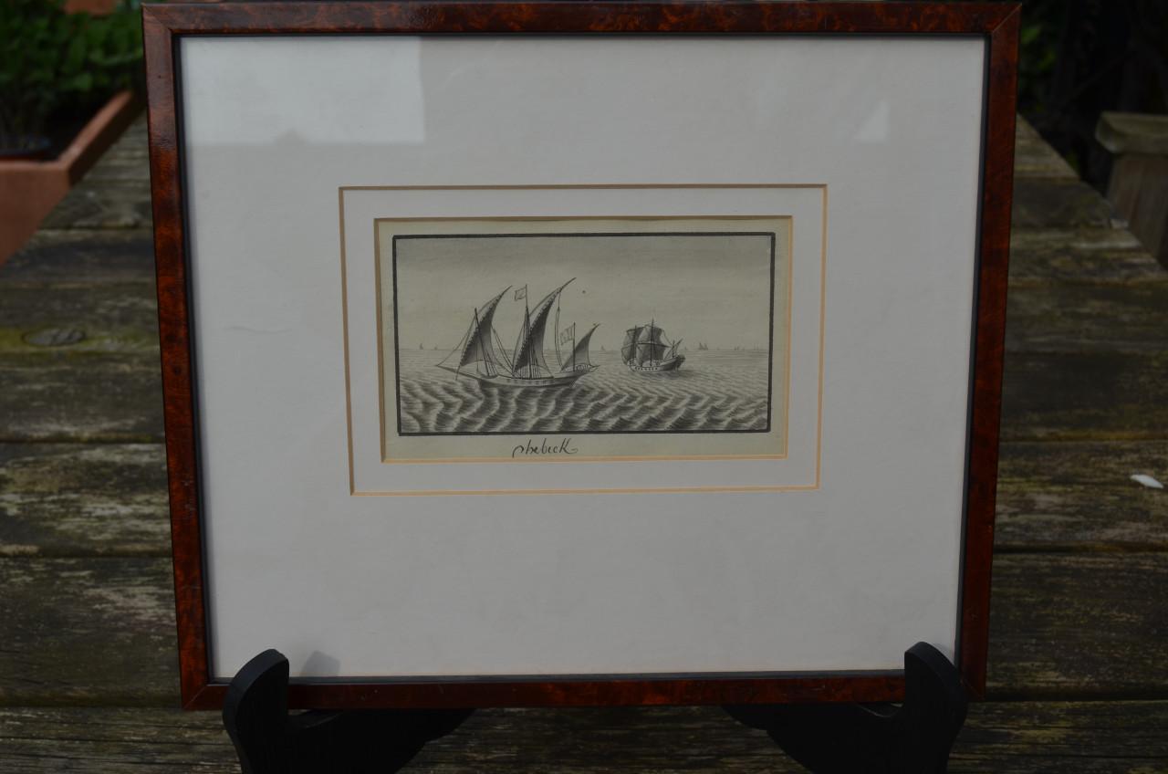 Mooie monochroom aquarel van een Chebeck / Xebec