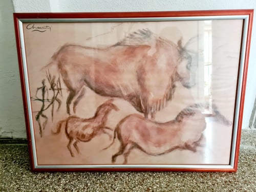 Poster van oerossen en paarden in grote houten schilderijlijst, 75x55 cm