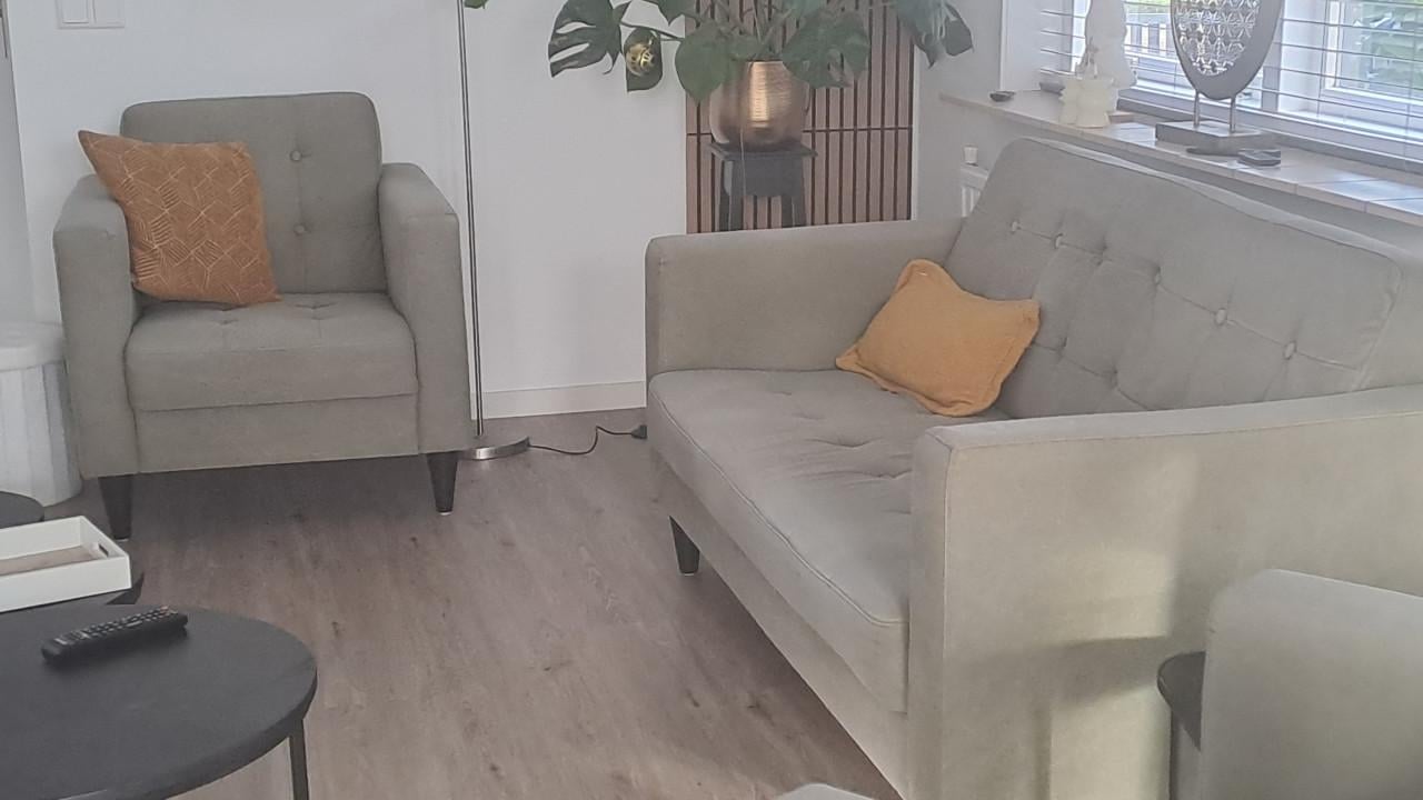 Groene 2- zits bank met 2 losse stoelen