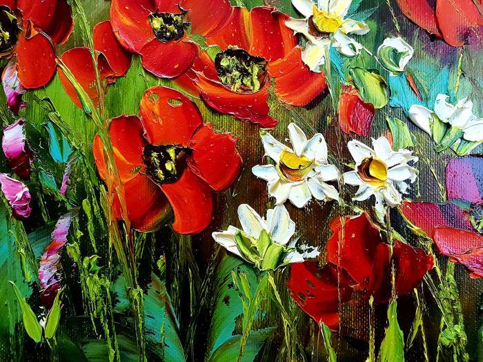 " Flowers in the Meadow "Prachtig Olieverfschilderij van Urszula Lemańska