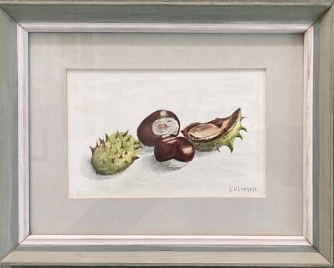 Aquarel met kastanjes en bolster van L. Vlieger