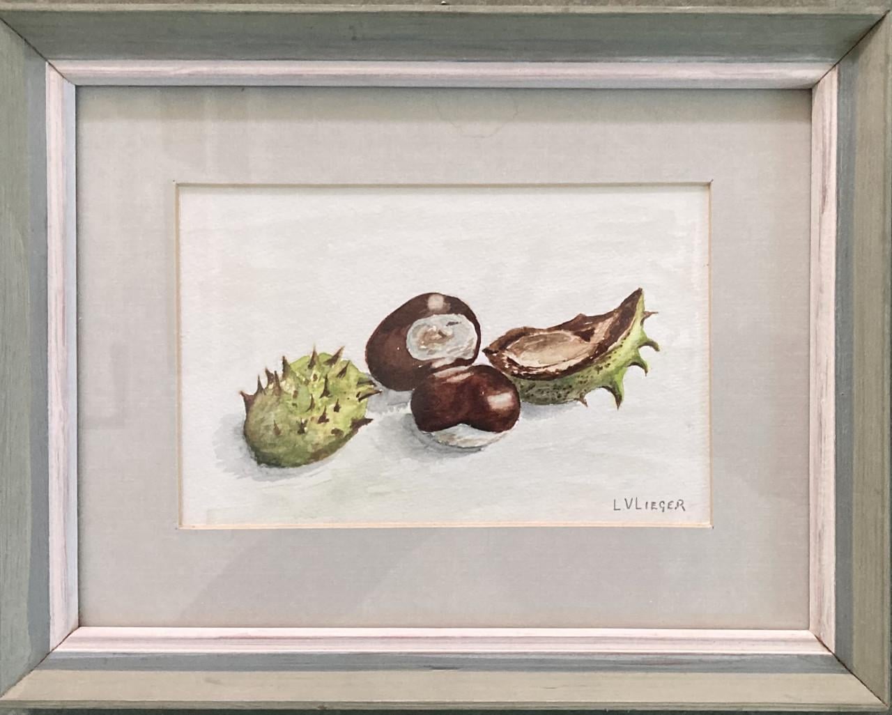 Aquarel met kastanjes en bolster van L. Vlieger