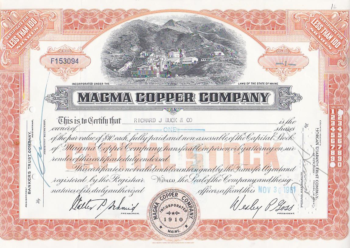 Oud Aandeel Magma Copper Company 1961