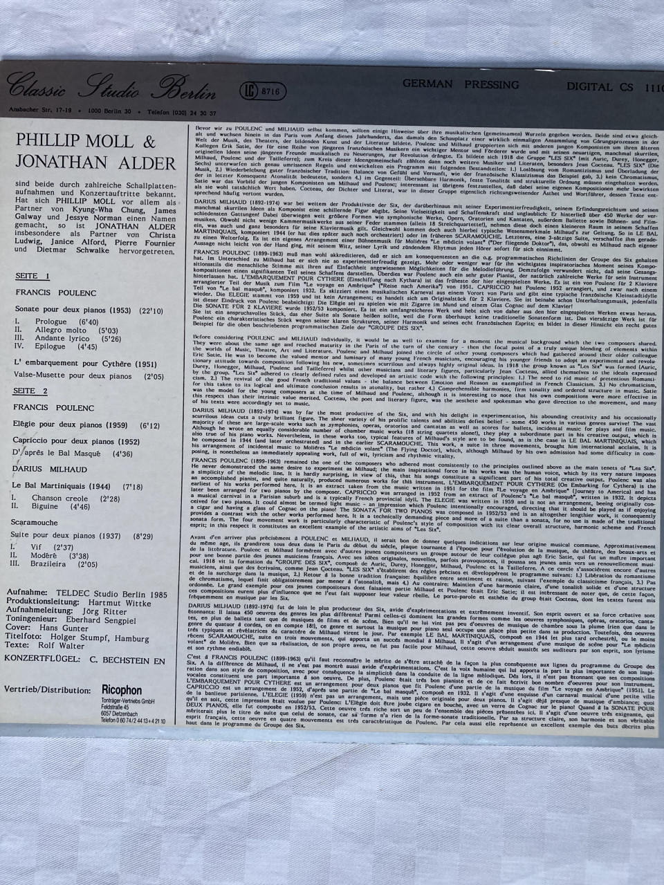 Poulenc Milhaud Pianisten Moll en Alder C.Bechstein