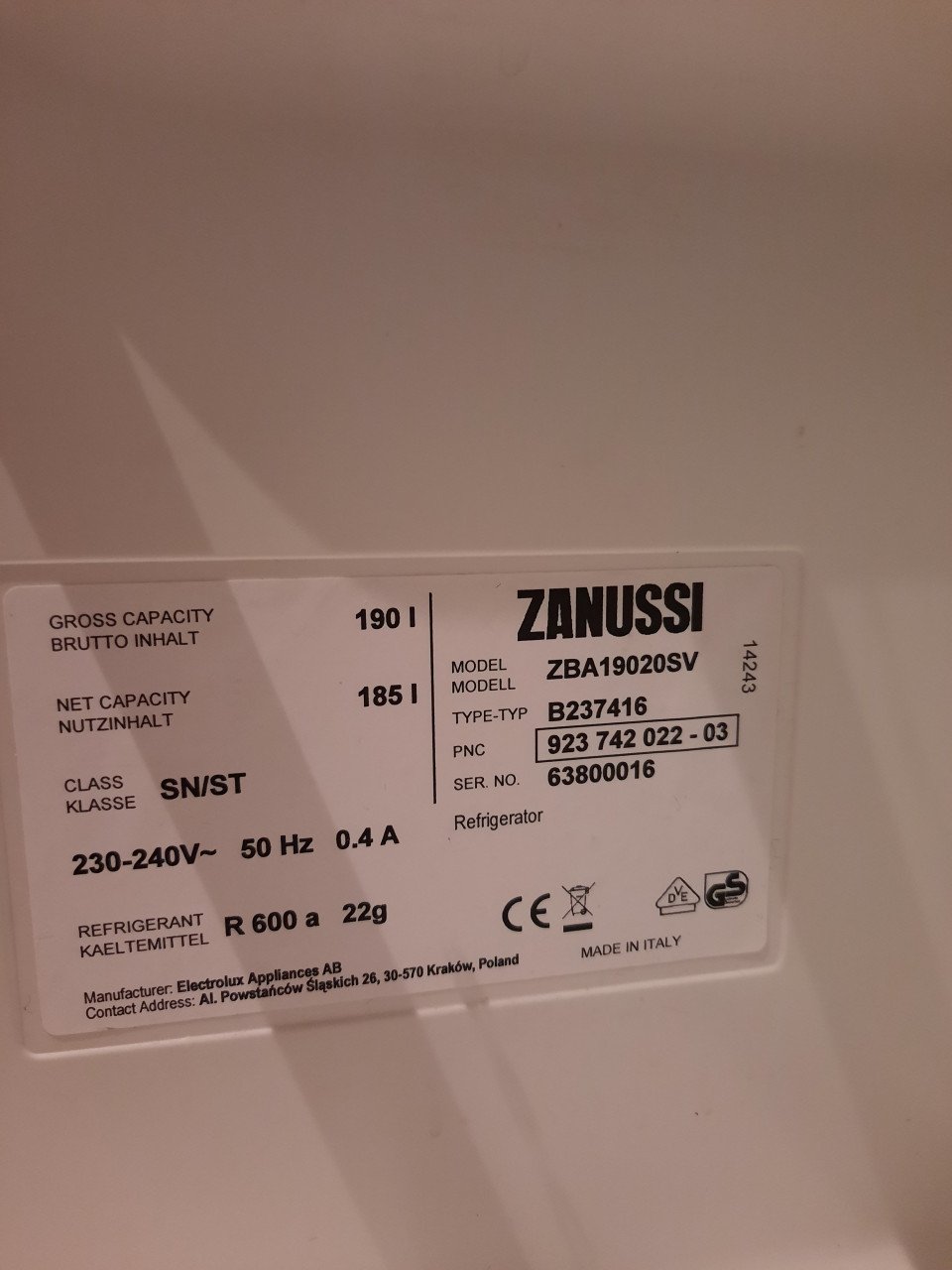 Goed werkende Zanussi A+ class inbouwkoelkast