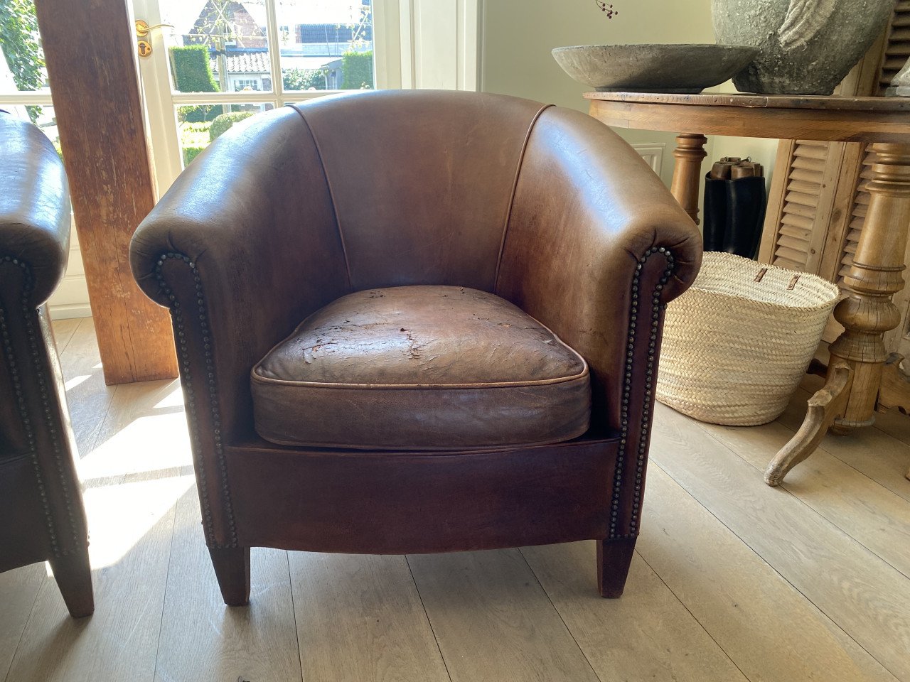 Set vintage schapenleren club fauteuils