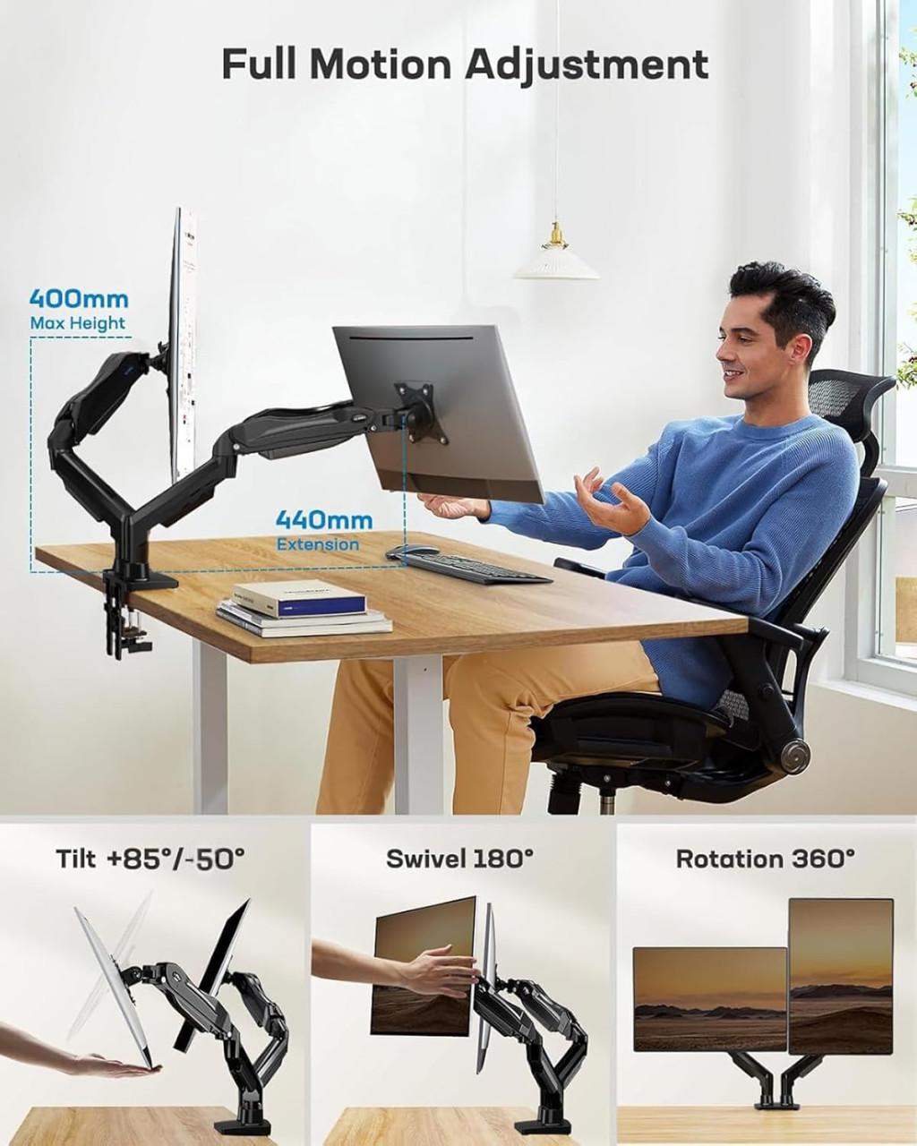Monitor standaard voor 2 schermen van 13 tot 27 inch met gasveer