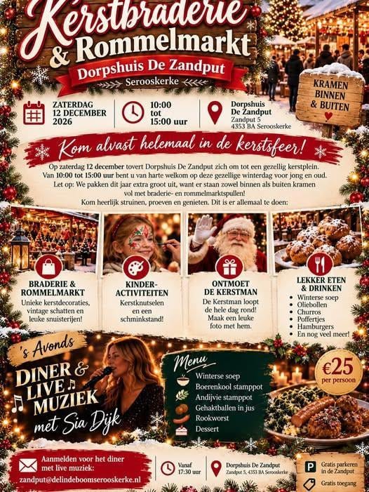 Zaterdag 12 december Kerstbraderie-rommelmarkt, Diner met Live Muziek