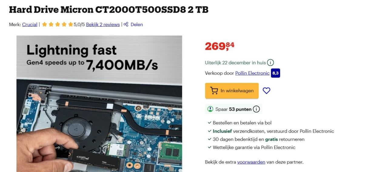2TB  Crucial T500 (zonder heatsink) SSD